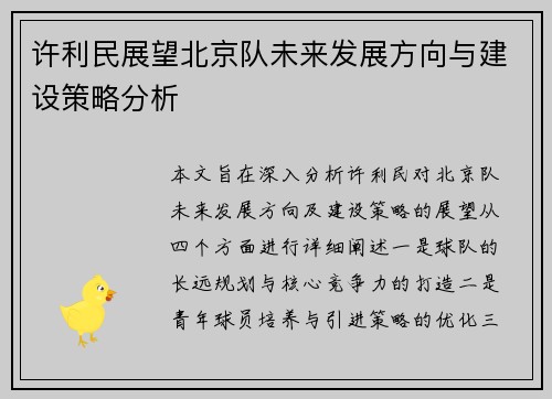 许利民展望北京队未来发展方向与建设策略分析
